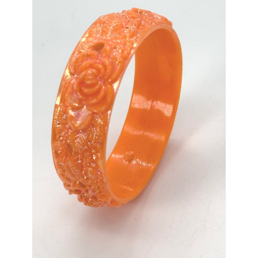Orange Carved Floral Rose Resin‎ Bangle Bracelet Chunky Vintage Style Statement